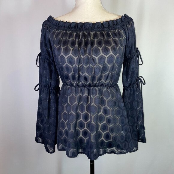 Interi Off Shoulder Blouse Size M Black Geometric Print Sheer Long Sleeves - Picture 1 of 12